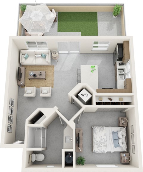 Floor plan for 1 bed, 1 bath, 634 sqft